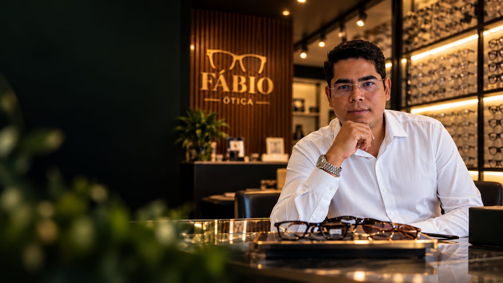 Fábio na Fábio Ótica, sentado ao balcão com armações à frente e a marca da loja ao fundo